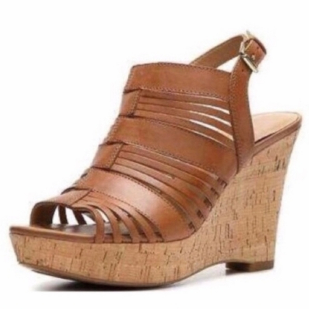FRANCO SARTO Brown Leather Platform Cork Wedges